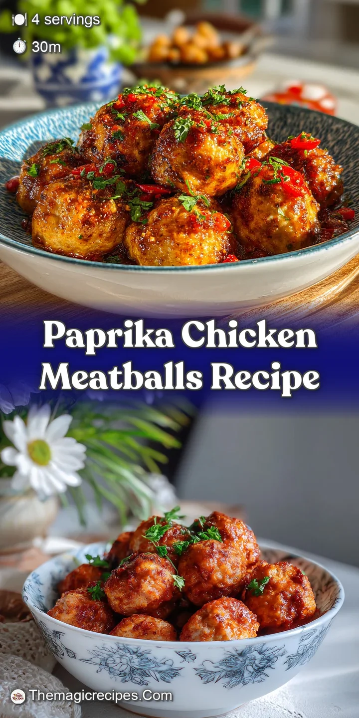 Close-up of juicy paprika chicken meatballs glistening in a savory tomato sauce, hinting at warmth and deliciousness, spri...