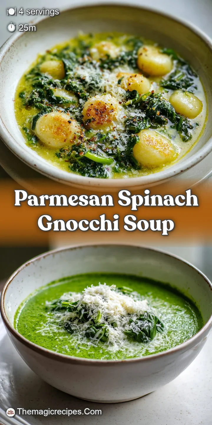 Close-up of soft gnocchi swimming in a rich, pale green broth, punctuated by bright spinach and grated parmesan.
