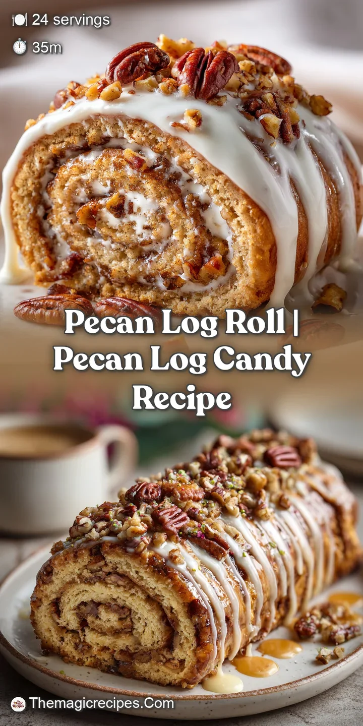 Close-up of a pecan log roll revealing its creamy center and crunchy pecan exterior. Sweet and nutty aroma implied through...