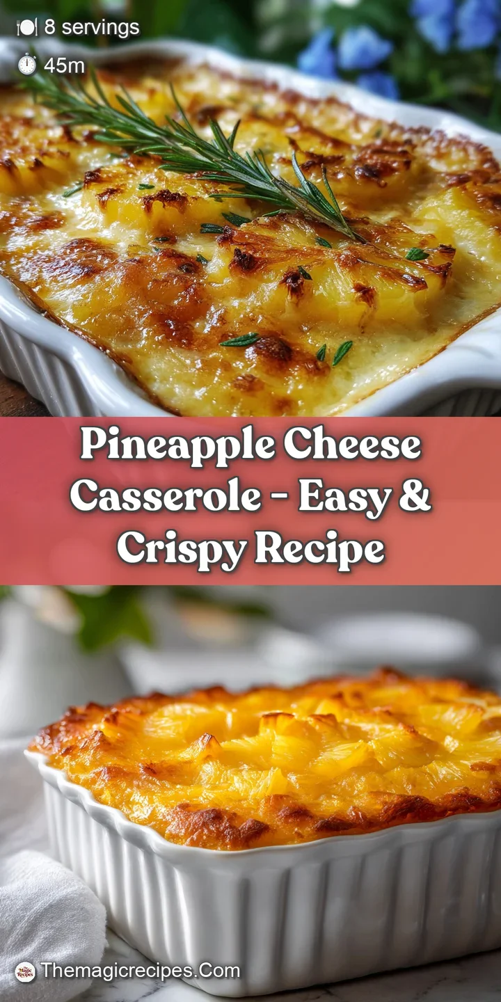 Close-up of a pineapple casserole revealing a warm, golden, bubbly top layer. Texture looks both creamy and slightly crispy.