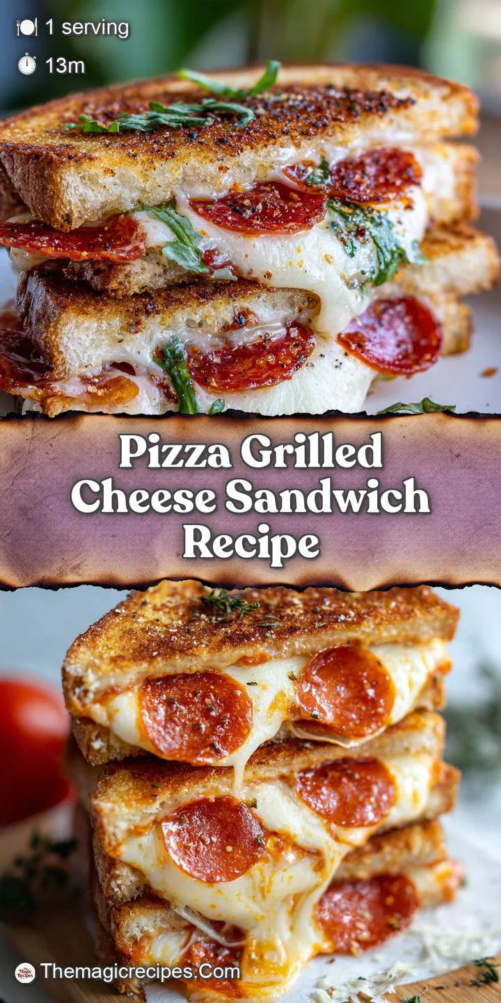 Close-up of a pizza grilled cheese sandwich, gooey melted mozzarella and vibrant sauce spilling out, toasted golden bread....