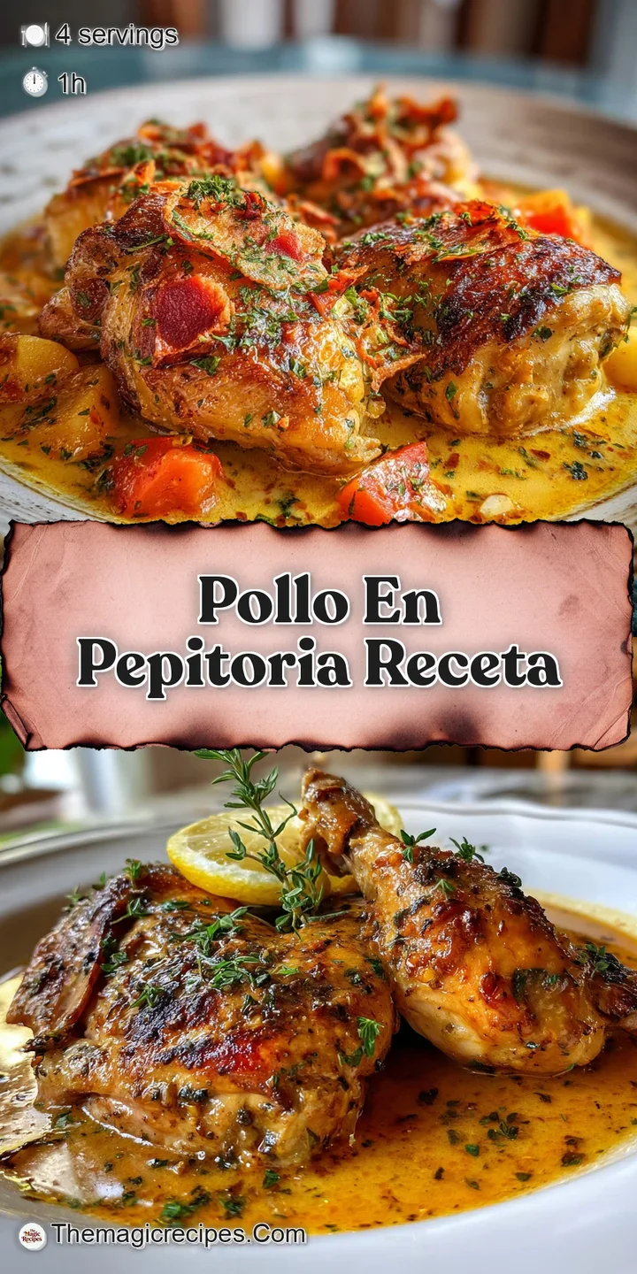 Close-up showcasing the tender chicken, nutty almond bits, and the depth of color in the savory, creamy pepitoria sauce. D...