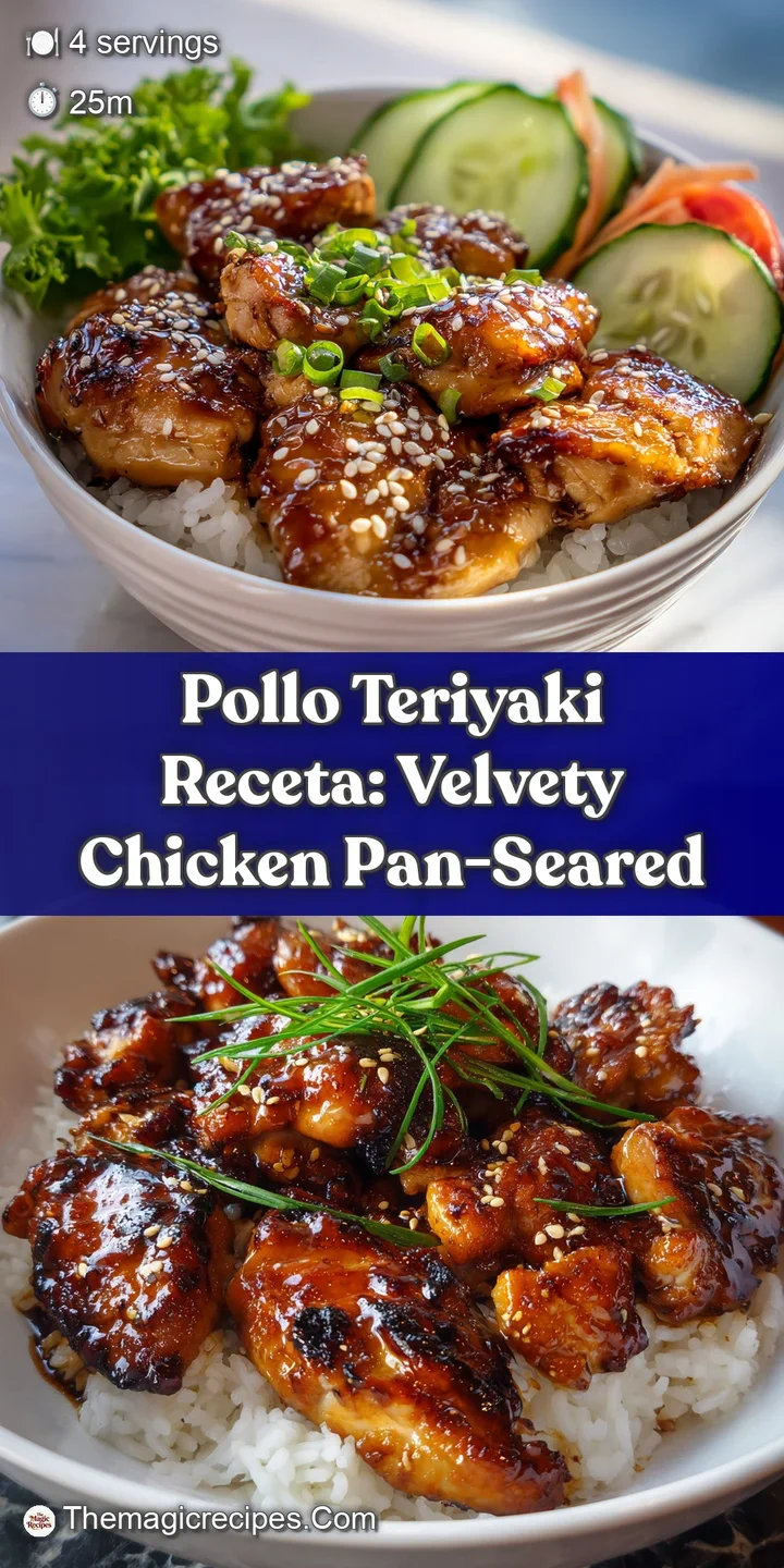 Close-up shows the tender, juicy chicken teriyaki's dark, shiny glaze. Sesame seeds add texture. Vapor rises, suggesting w...