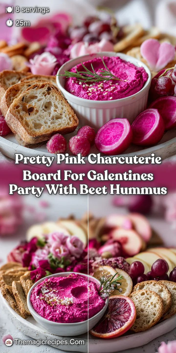 Close-up on creamy, bright pink beet hummus, drizzled with olive oil and surrounded by crisp vegetables and crackers ready...