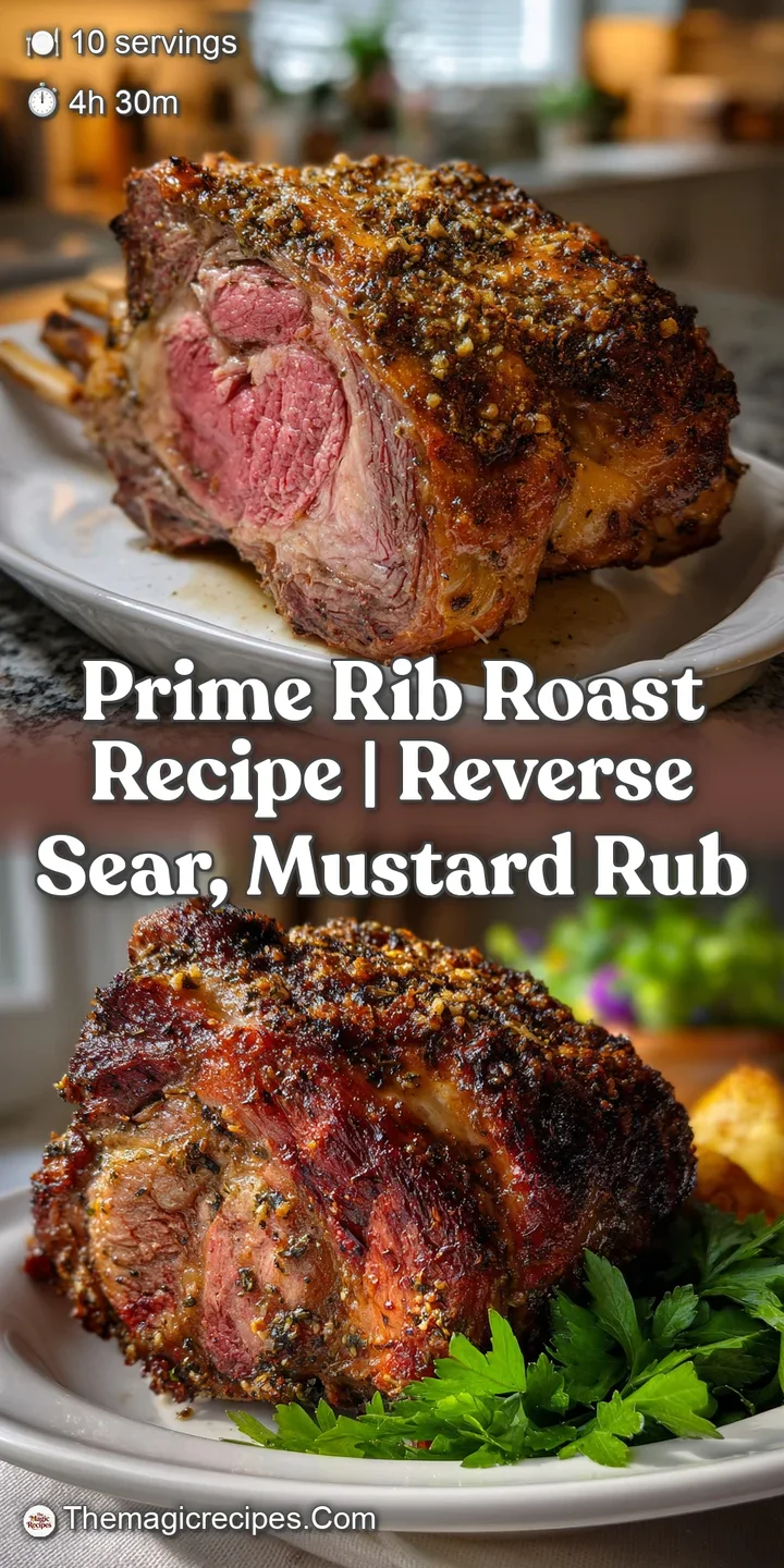 Close-up of a beautifully seared prime rib roast. The crust is a deep mahogany, hinting at a tender interior, perfectly co...