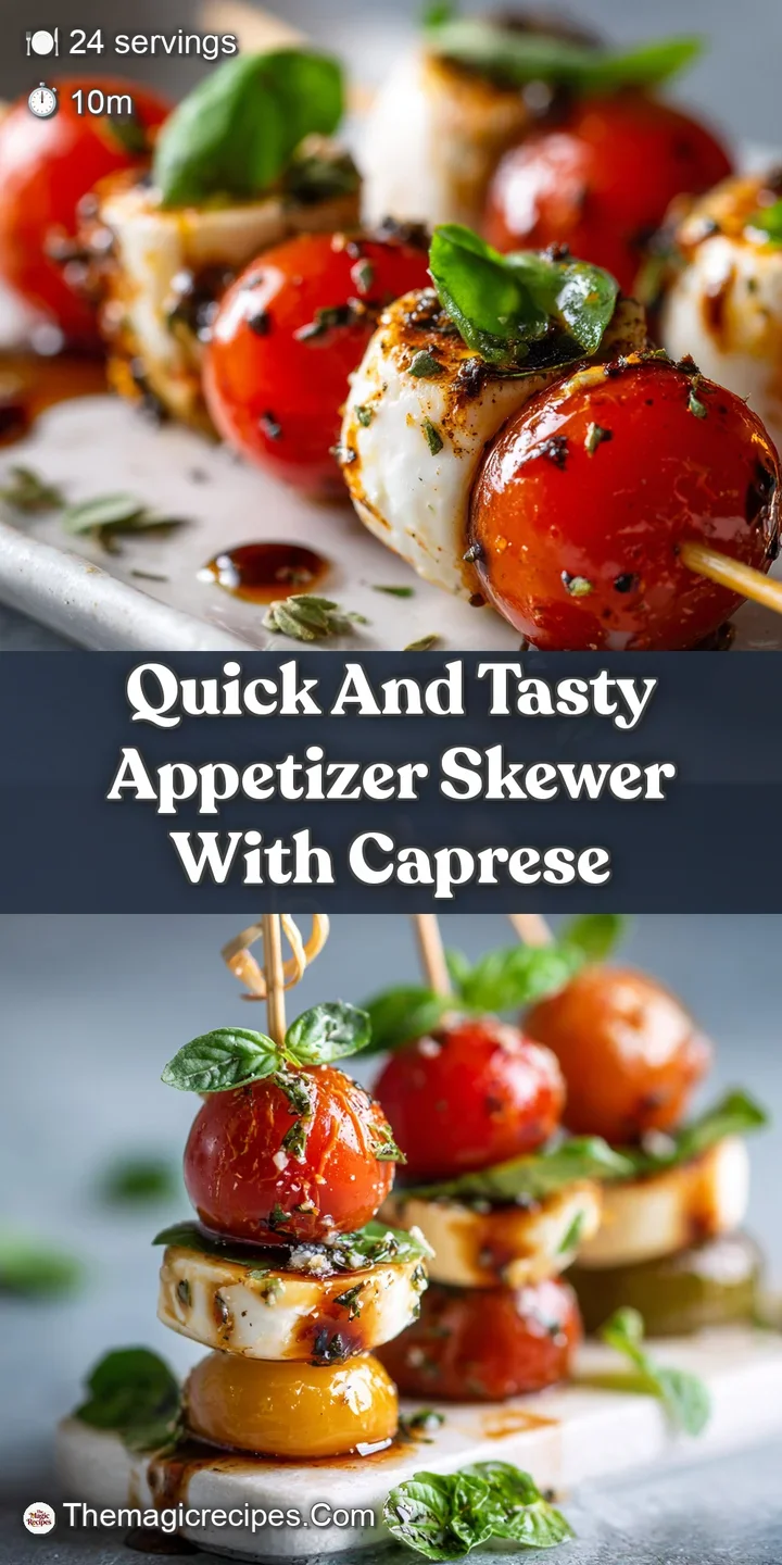 Close-up of glistening Caprese skewer. Dewy basil leaf, juicy red tomato, and soft mozzarella create a tempting bite-sized...