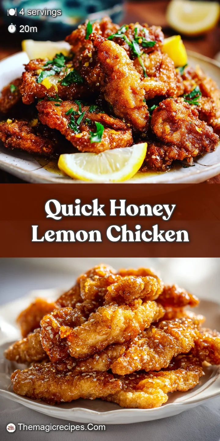 Close-up reveals a juicy, glazed chicken piece with crispy edges, highlighting the textures and a glistening honey lemon s...