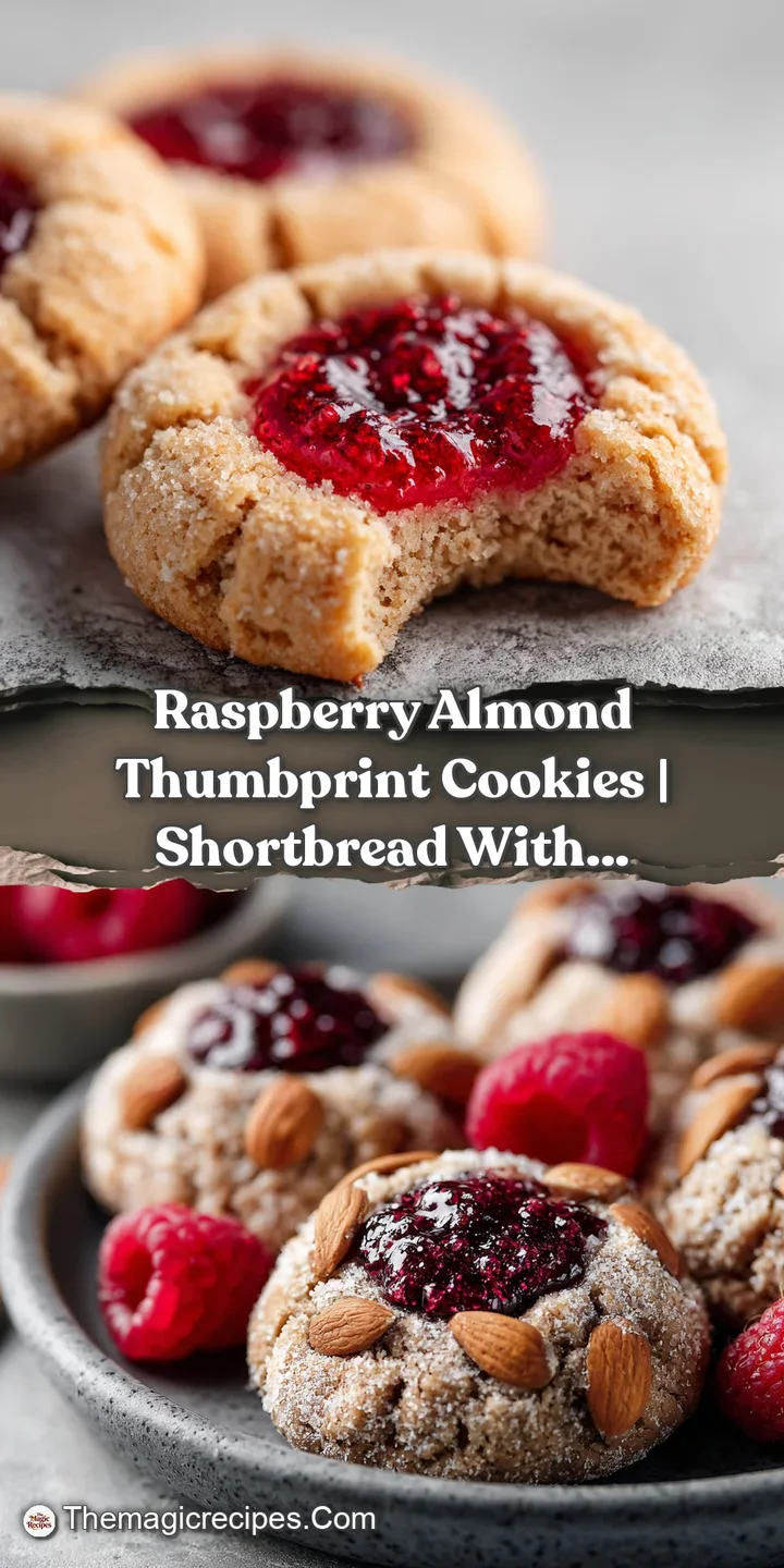 Close-up of a crisp almond thumbprint cookie, the textured surface holding a glistening dollop of raspberry jam.