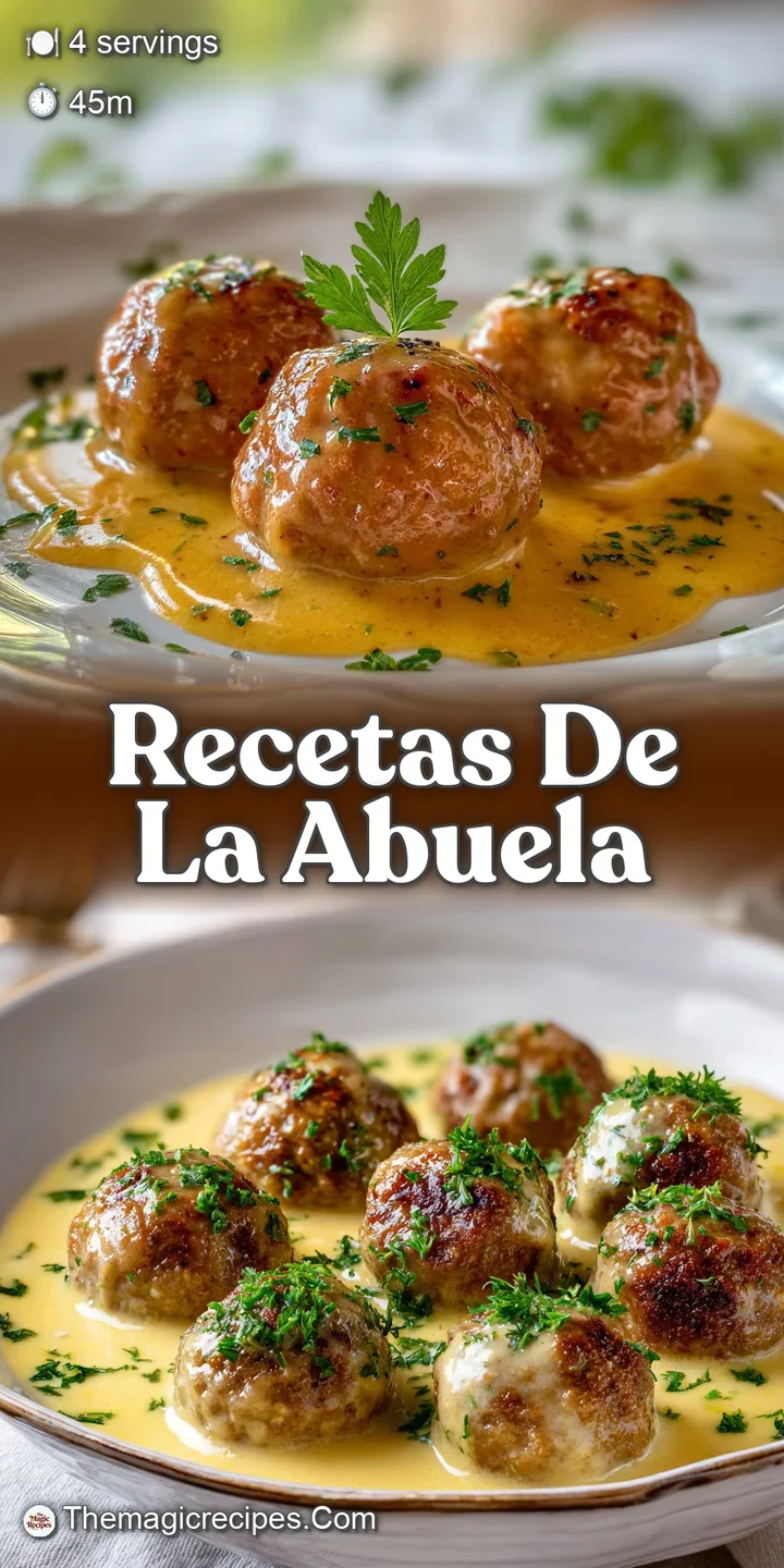 Close-up of a tender meatball glistening in rich, ivory-colored almond sauce. Hints of toasted almonds and aromatic herbs ...