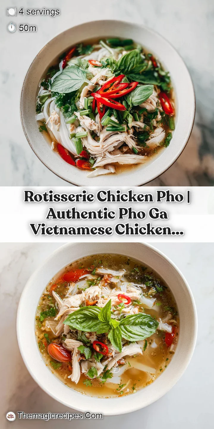 Close-up of silken chicken shreds and vibrant green herbs in a rich, steaming broth.