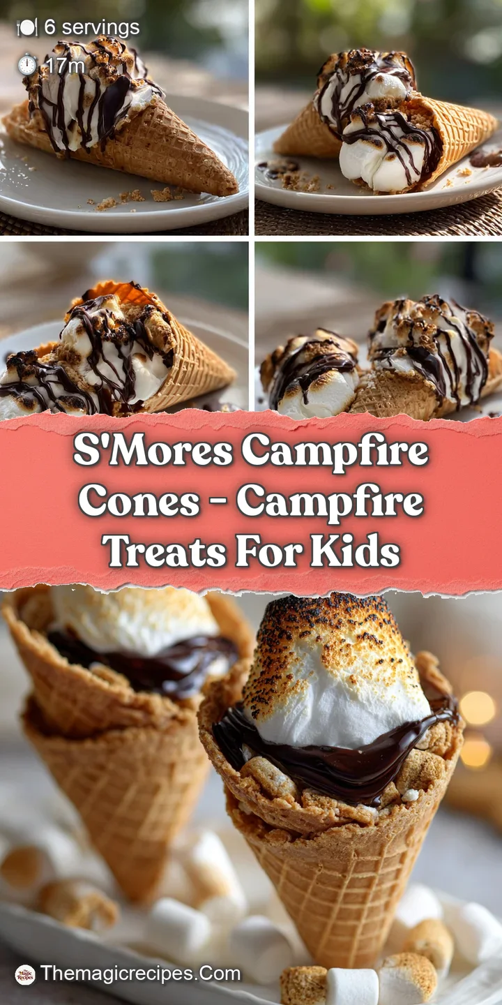 Close-up of a s'mores cone showing dripping melted chocolate and pillowy, golden-brown toasted mini marshmallows oozing fr...