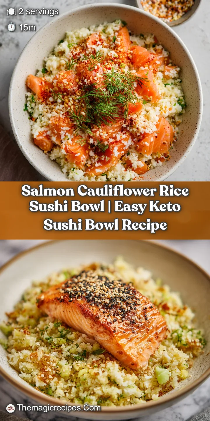 Close-up of tender salmon pieces nestled in delicate cauliflower rice, glistening with savory sauce.