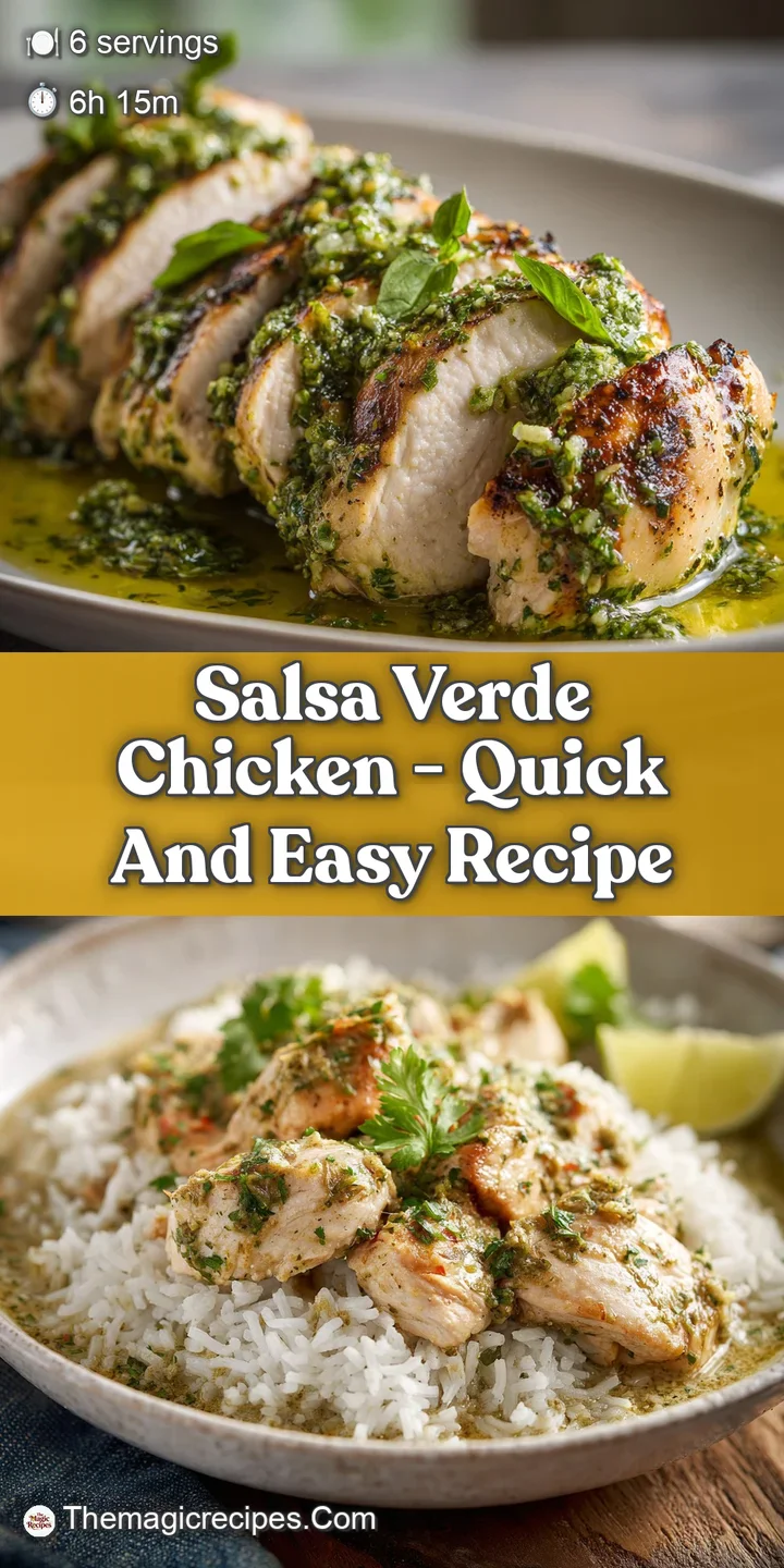 Close-up view showcasing tender chicken strands swimming in tangy, bright green salsa verde. Textures pop in the savory sa...