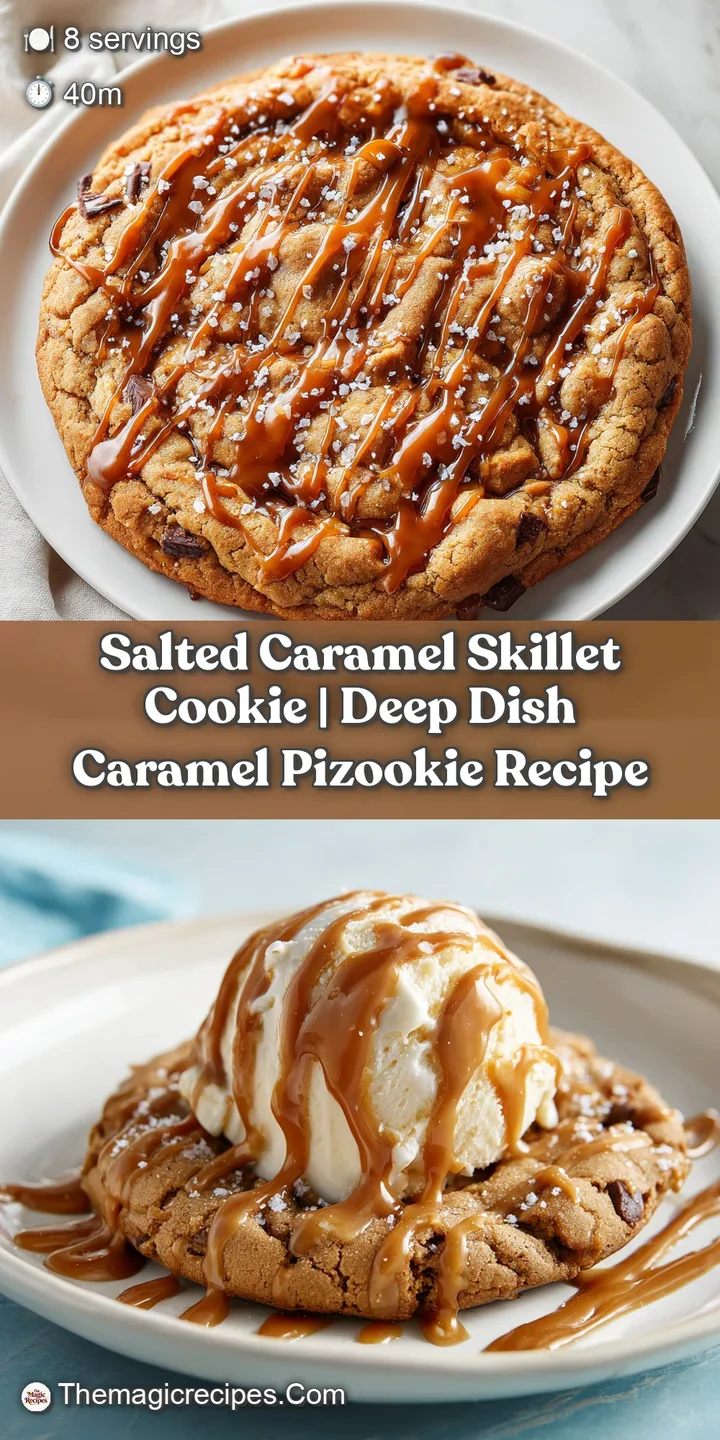Close-up of a rich, fudgy skillet cookie with glistening caramel swirls and coarse salt.