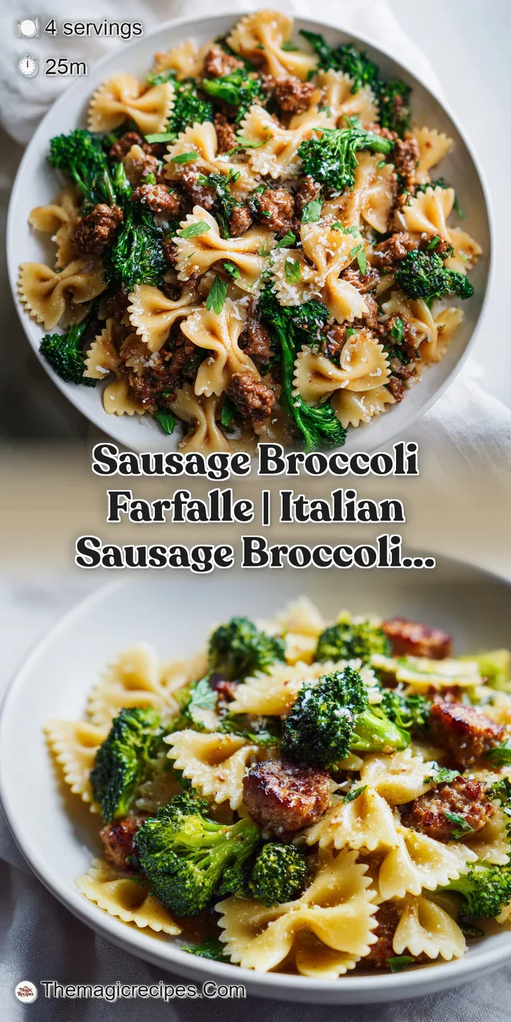 Close-up of tender bow-tie pasta mixed with savory sausage bits and crisp green broccoli in a rich, glossy sauce.