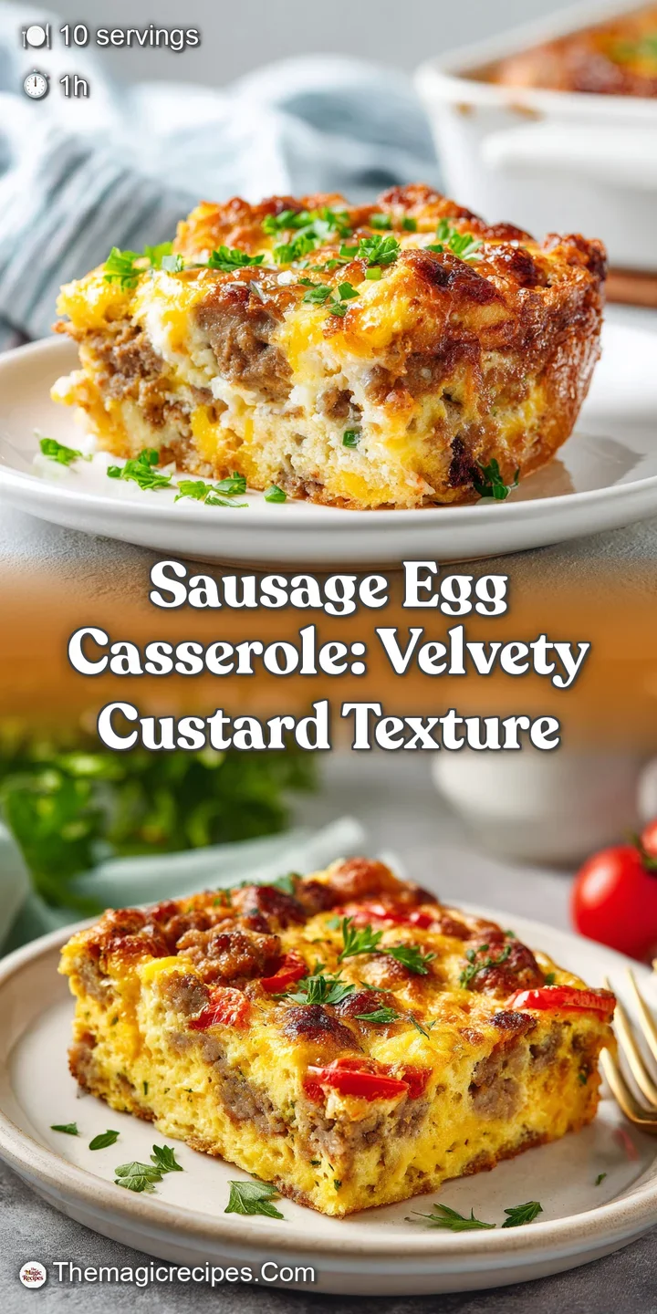 Close-up shot of a warm sausage and egg casserole. Cheesy, browned top with visible sausage crumbles and vibrant flecks of...