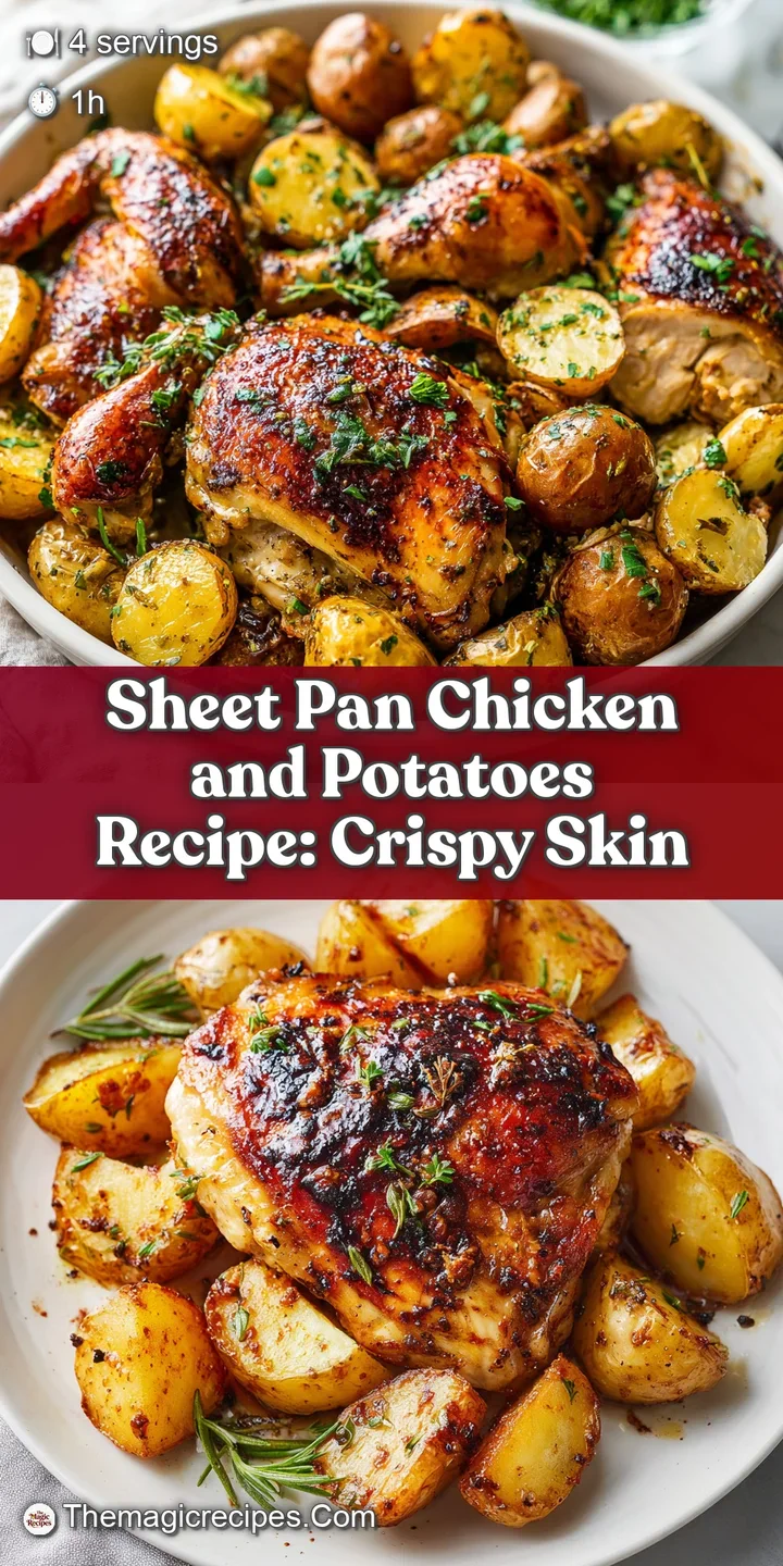 Close-up of a juicy chicken thigh and golden-brown potato, showing crispy skin and fragrant herbs. An appetizing, savory d...