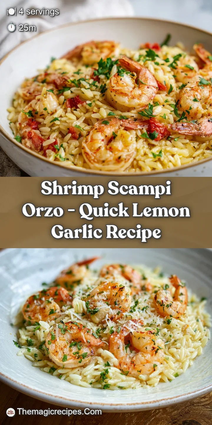 Close-up of glistening shrimp nestled in creamy orzo, flecks of spinach, and savory garlic butter sauce. Warm, comforting.