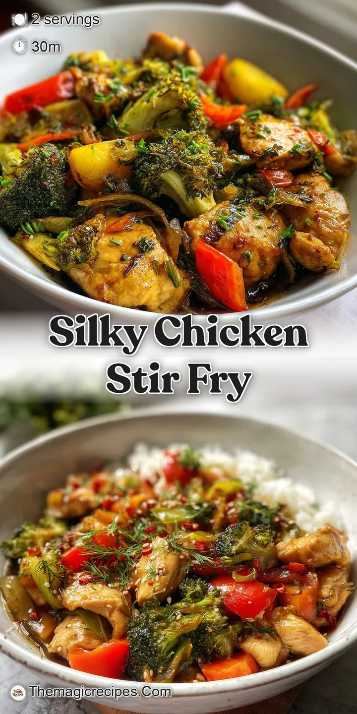 Close-up of chicken stir-fry. Juicy chicken chunks, crisp vegetables, and a rich, glossy sauce create an appetizing and fl...