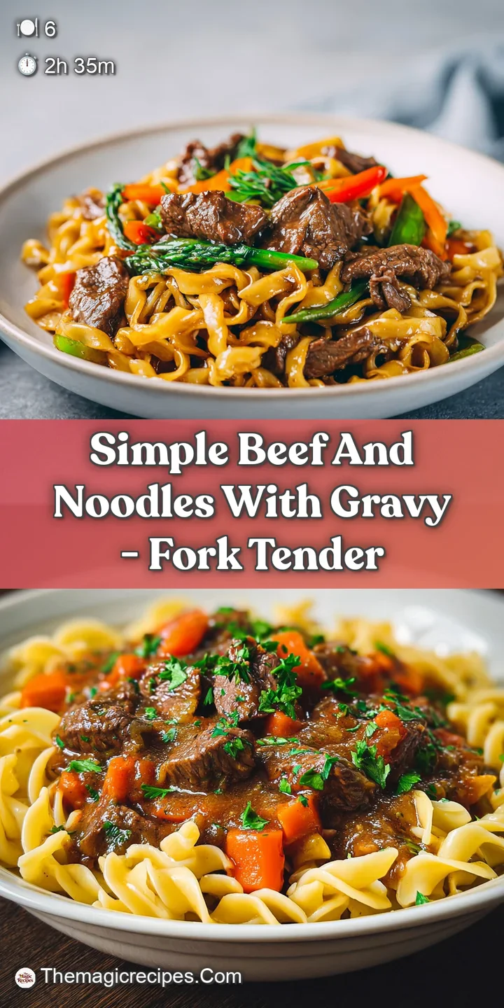 Close-up of comforting beef and noodles, savory sauce clinging to the egg noodles, and tender beef, steaming and ready to ...