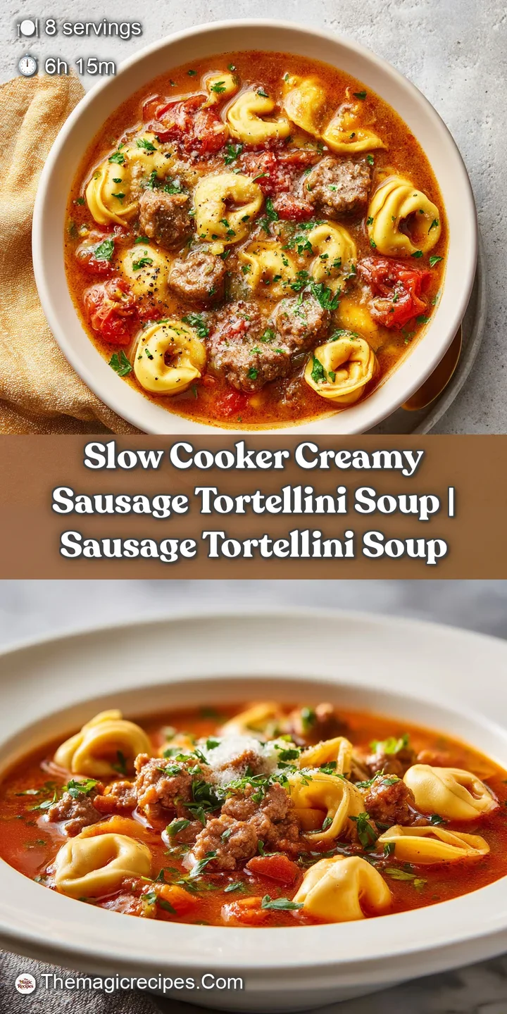 Close-up of tender tortellini swimming in a velvety, golden broth with savory sausage pieces.