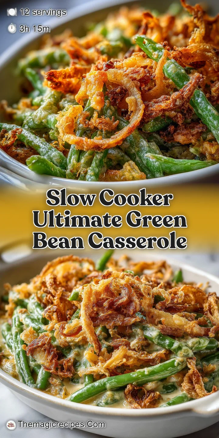 Close-up showcasing creamy, tender green beans and savory bacon bits nestled under a blanket of crunchy, golden-brown frie...