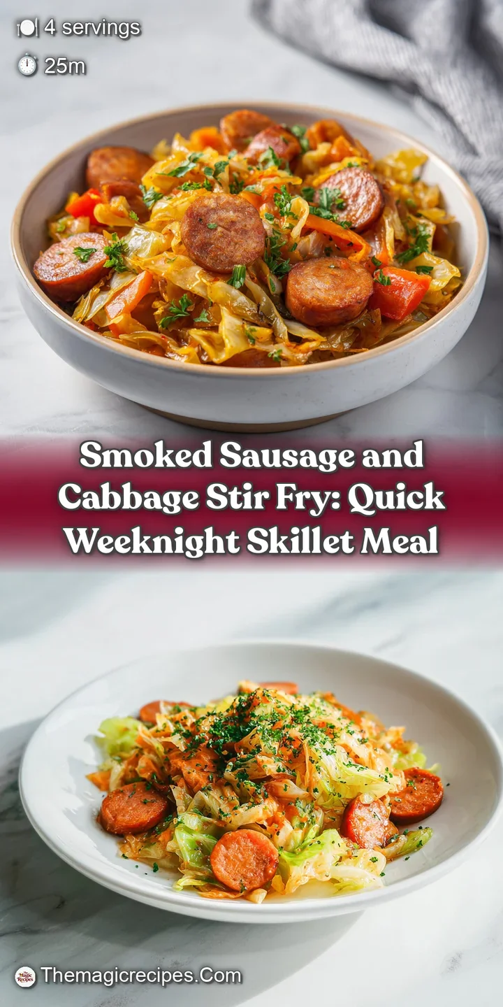 Close-up of juicy smoked sausage slices nestled among tender cabbage, all glistening with flavorful sauce. Textures jump out.