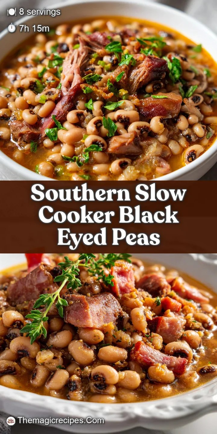Close-up of glossy, plump black-eyed peas swimming in a savory broth, dotted with bits of tender, shredded ham hock. Comfo...