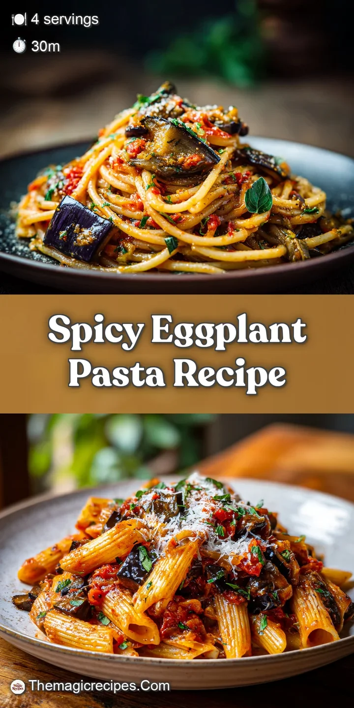 Close-up of glistening eggplant pasta, the spicy sauce clinging to each strand, with visible herbs and a tempting, slightl...