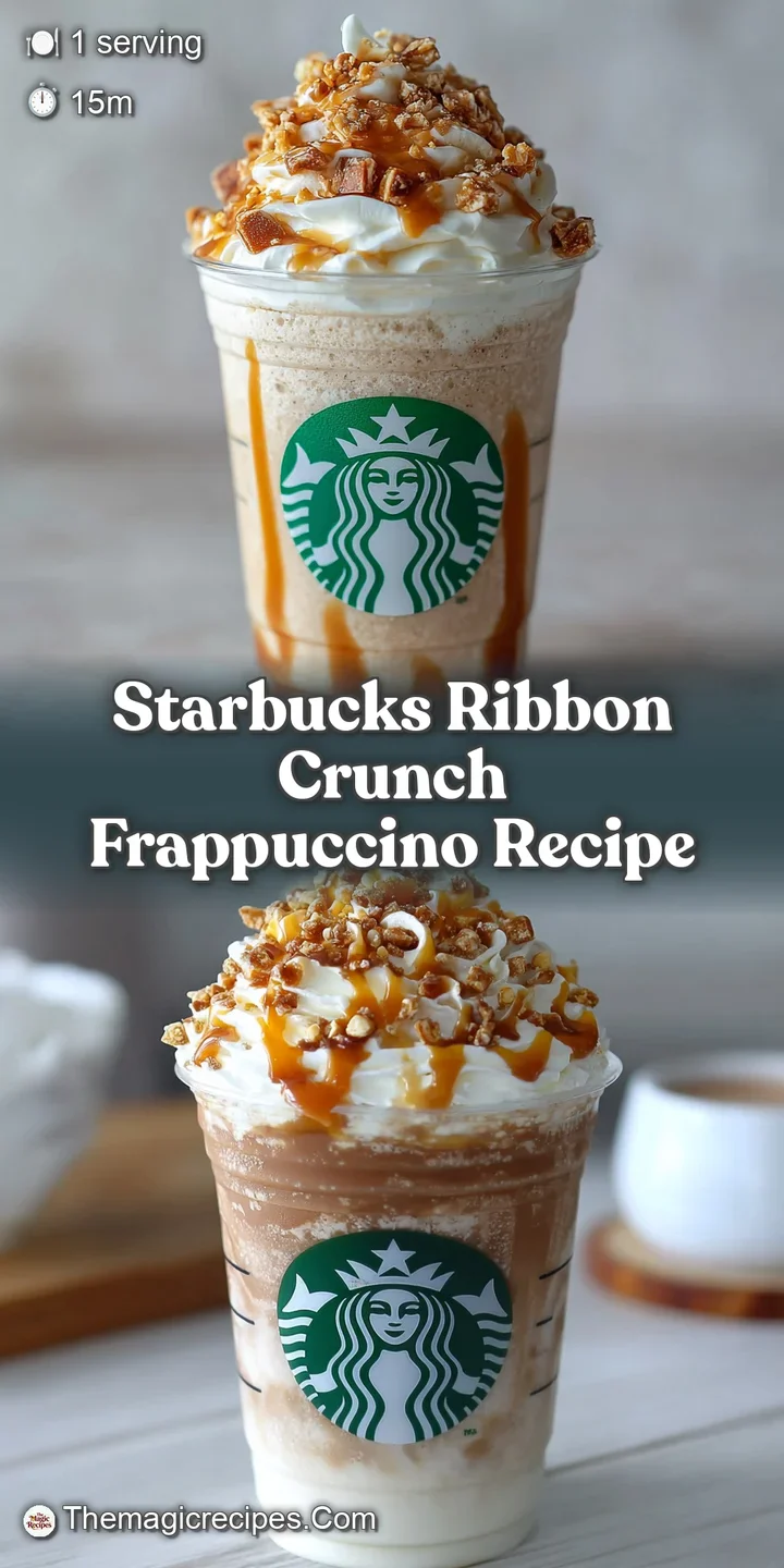 Close-up of a creamy, blended frappuccino with caramel and ribbon crunch. Sweetness and texture in every sip!