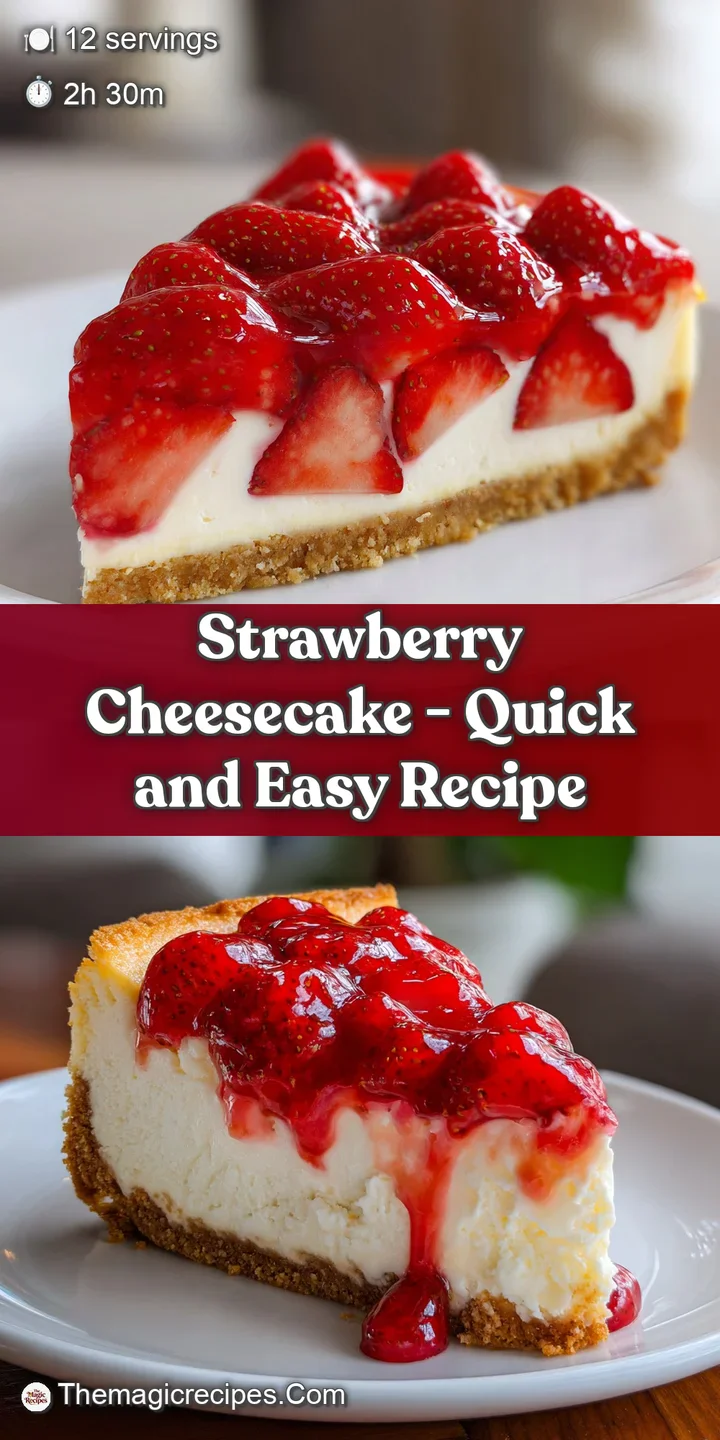 Close-up of a silky white cheesecake layer topped with a thick, glistening strawberry sauce and fresh fruit.