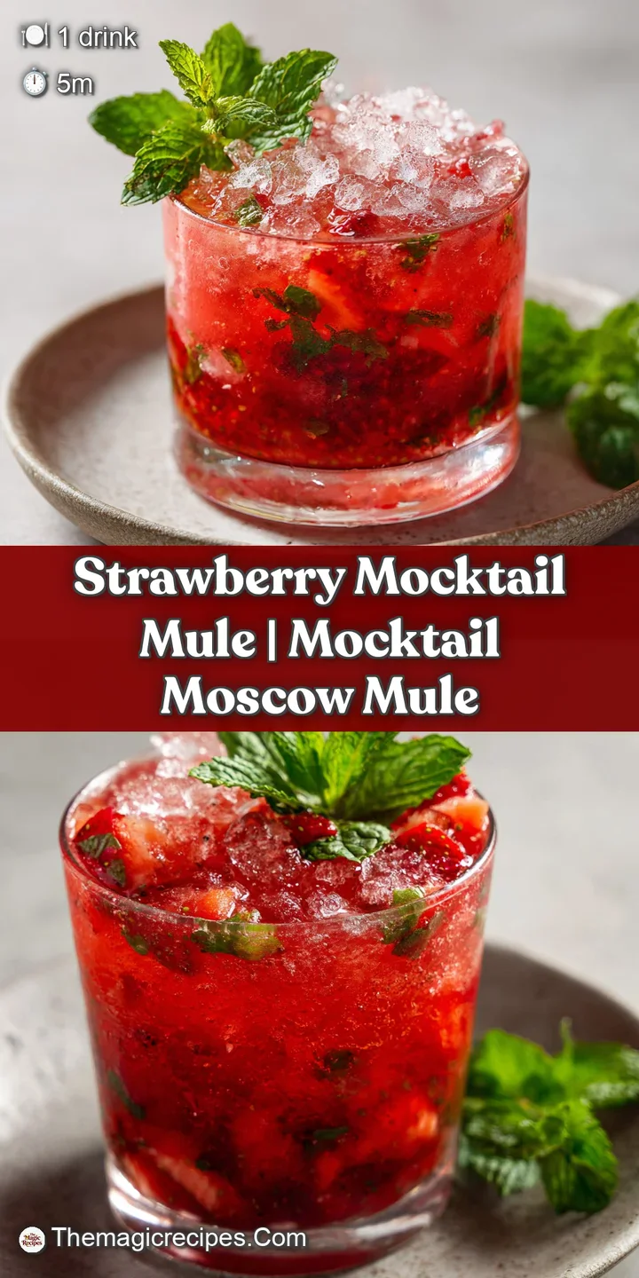 Close-up of effervescent bubbles and crushed ice topped with a bright red strawberry slice and green mint leaf.