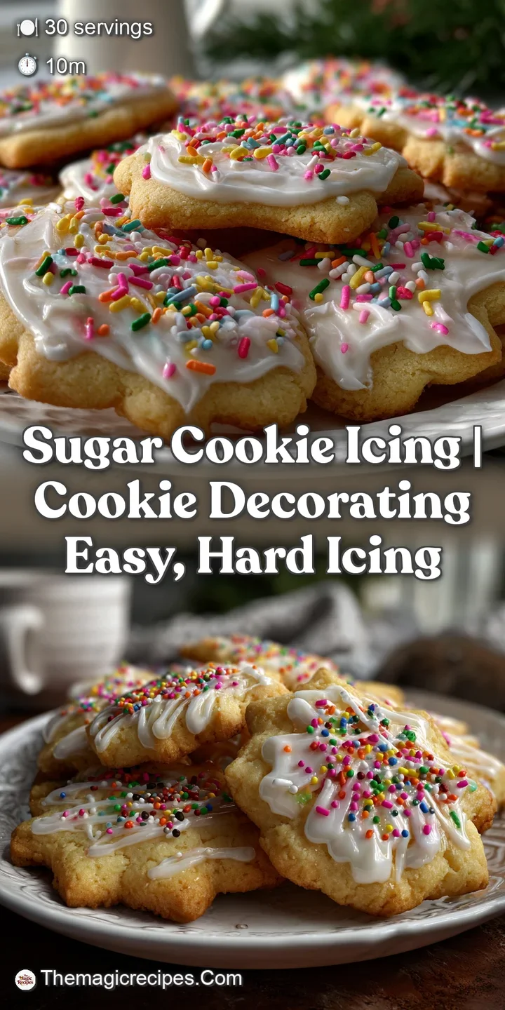 Close-up of a sugar cookie with a pristine white icing surface. The icing glistens subtly, promising a satisfying, crisp s...