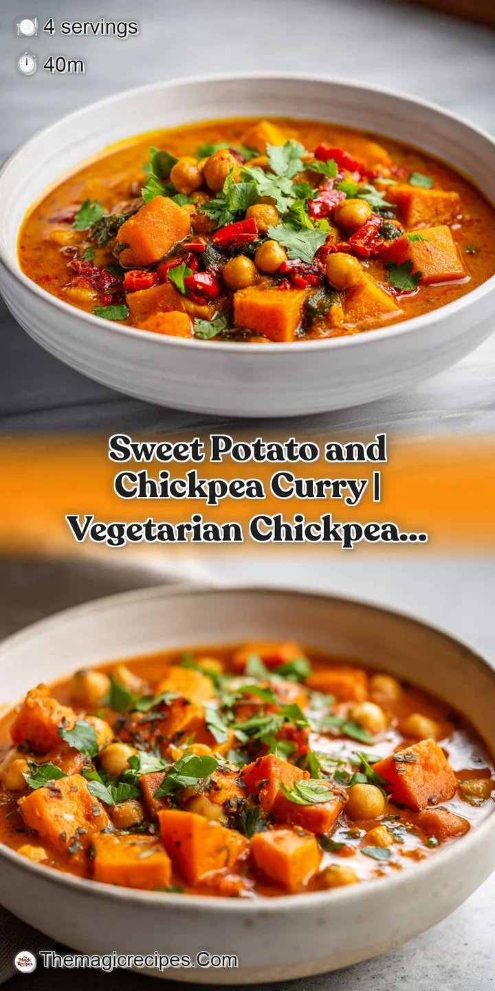 Close-up of creamy orange curry studded with tender sweet potato and chickpeas, glistening with a hint of oil and fresh he...