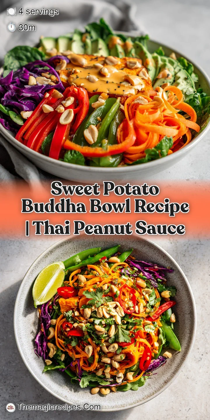 Close-up of a sweet potato bowl showcasing textures: tender sweet potato, crisp greens, and a luscious, velvety peanut sau...