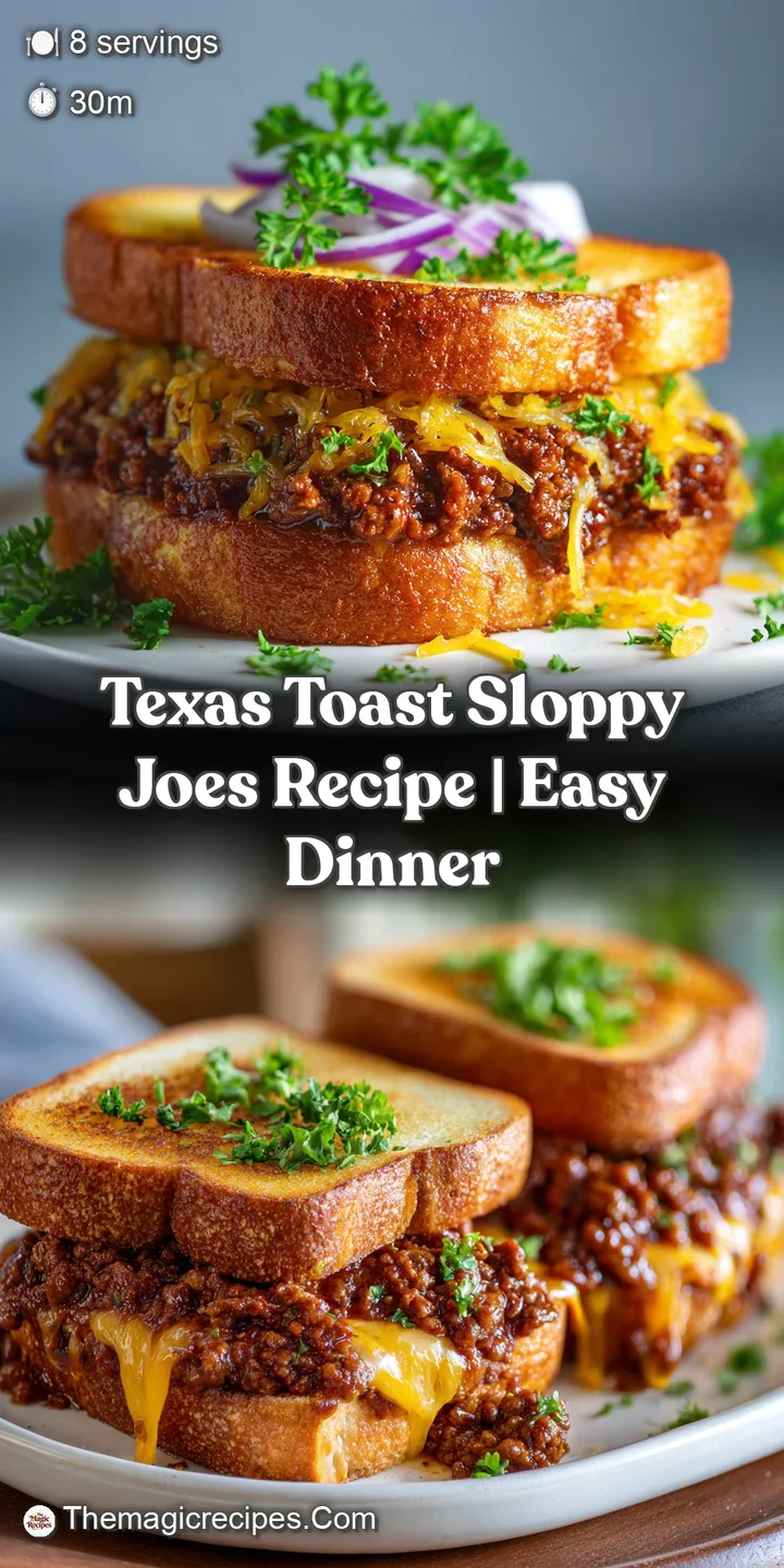 Close-up shows the juicy, savory sloppy joe filling piled high on toasted bread, melted cheese stretching with a tempting ...