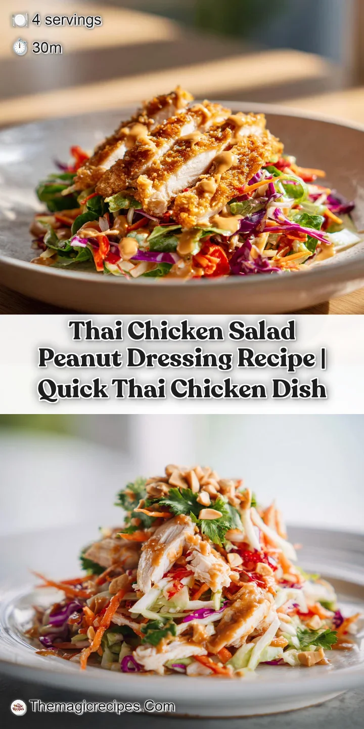 Close-up shot capturing the fresh textures and savory peanut dressing glistening on a vibrant Thai chicken salad creation.