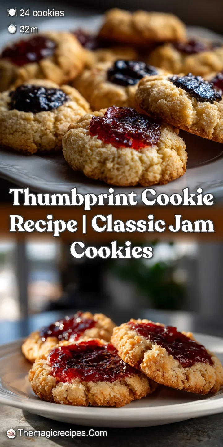 Close-up of a thumbprint cookie with a glistening dollop of red jam. The cookie's edges are lightly browned, suggesting a ...