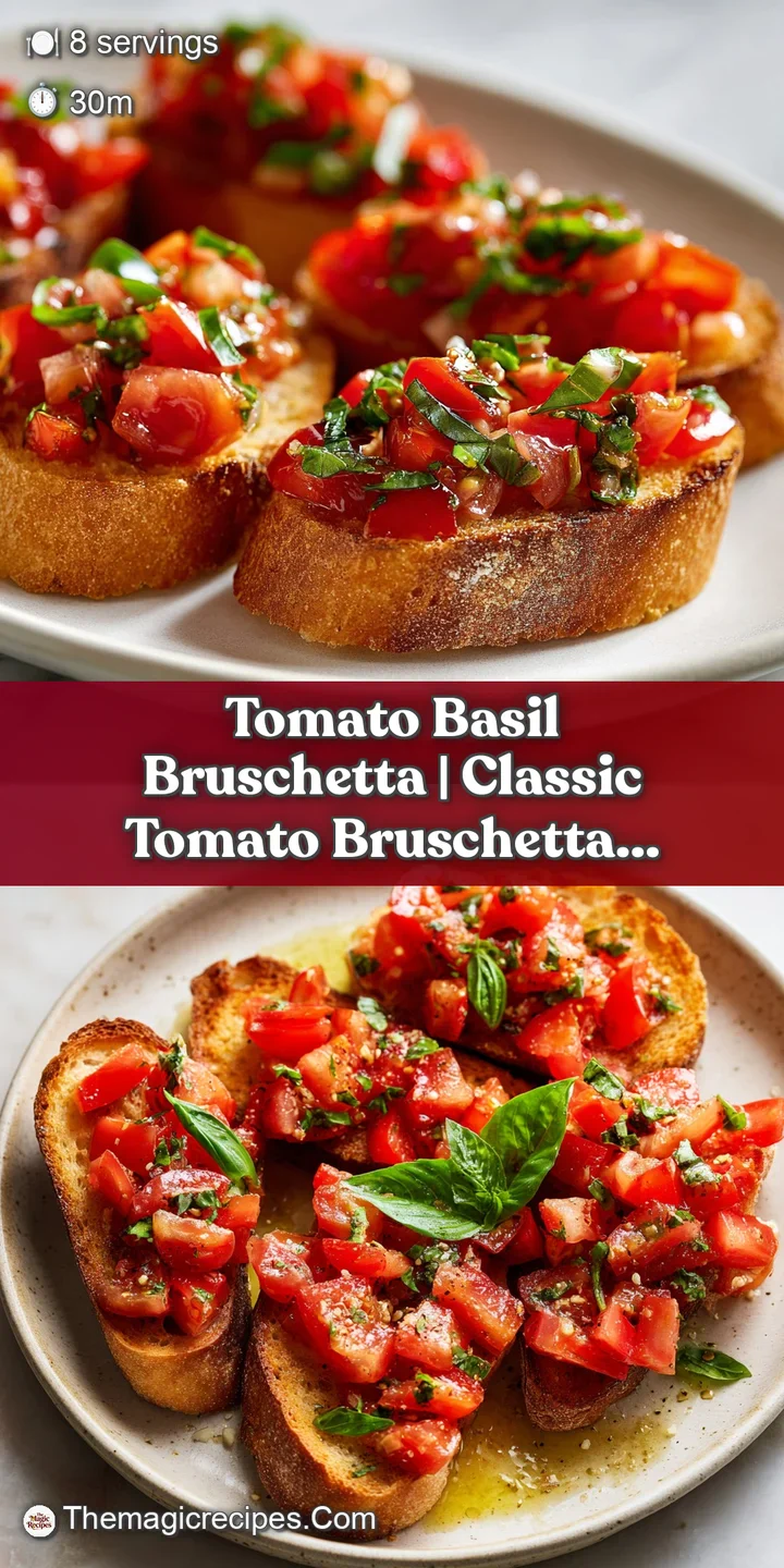 A close-up of bright red tomatoes and green basil leaves on toasted bread, glistening with oil.