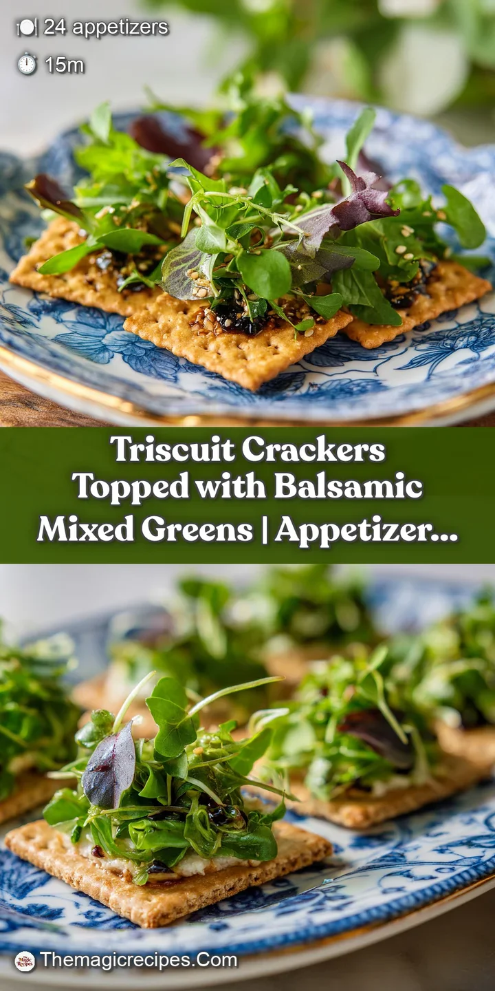 Close-up of a cracker topped with glistening, fresh greens and a dark, tangy balsamic reduction.