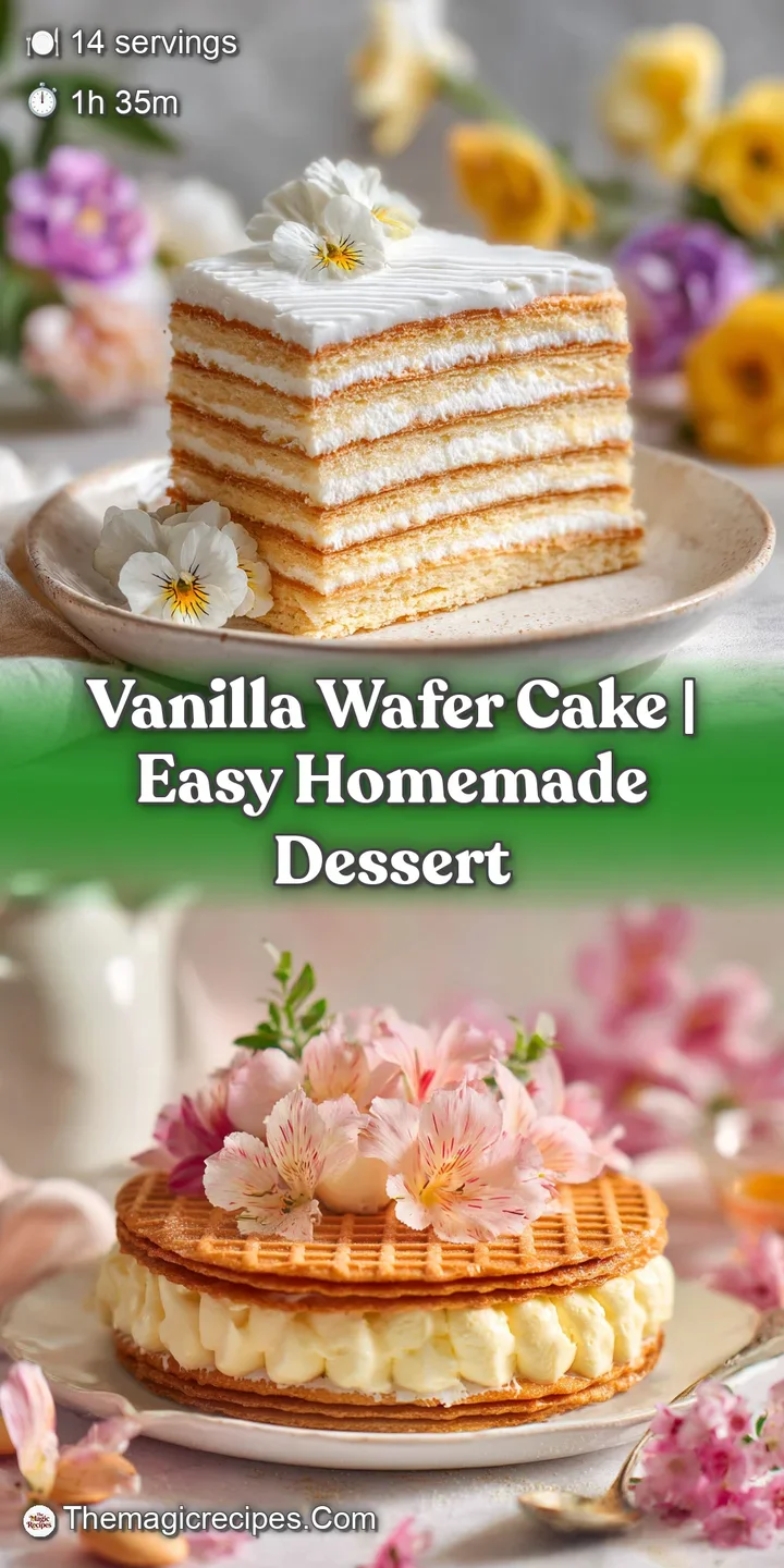 Close-up of a vanilla wafer cake slice showing creamy layers, wafer texture, and a sprinkle of powdered sugar. Sweet, temp...