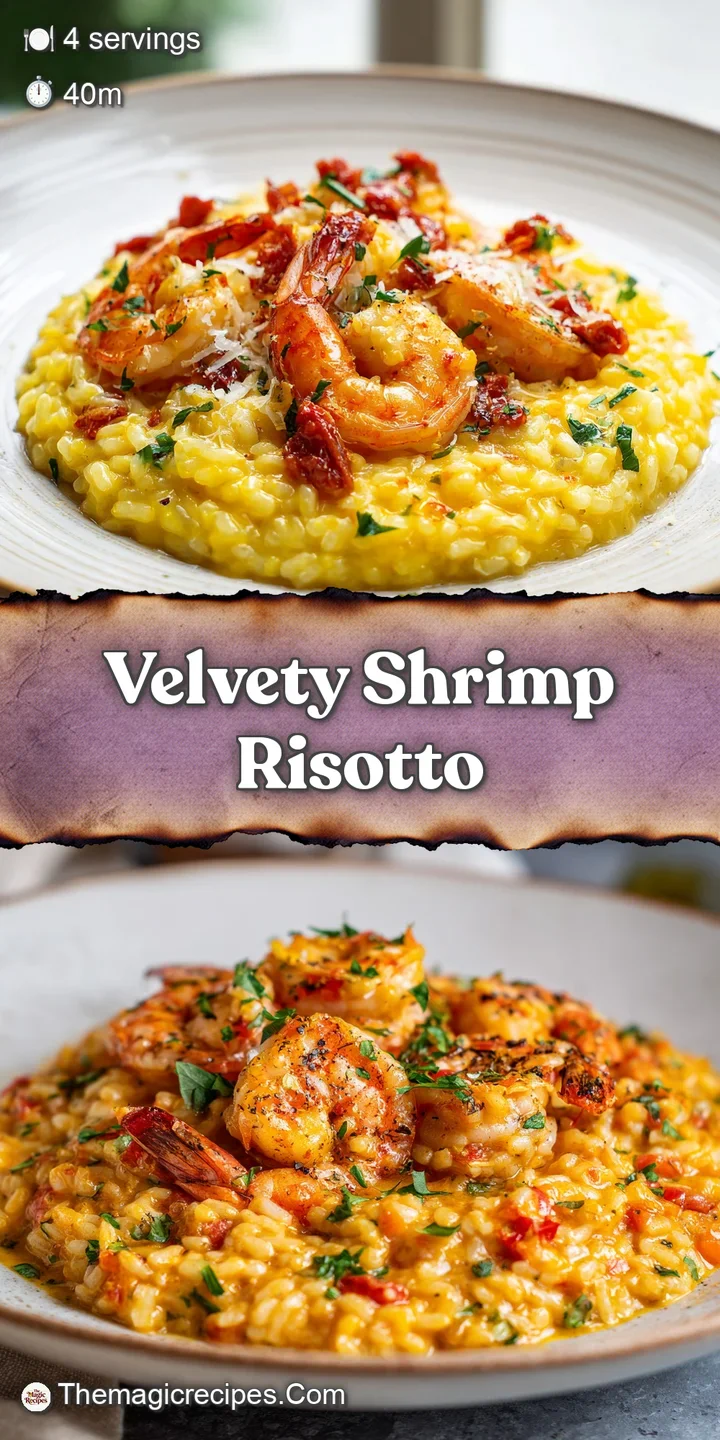 Close-up of luscious shrimp risotto highlighting the creamy texture, succulent shrimp, and the subtle sheen of the perfect...