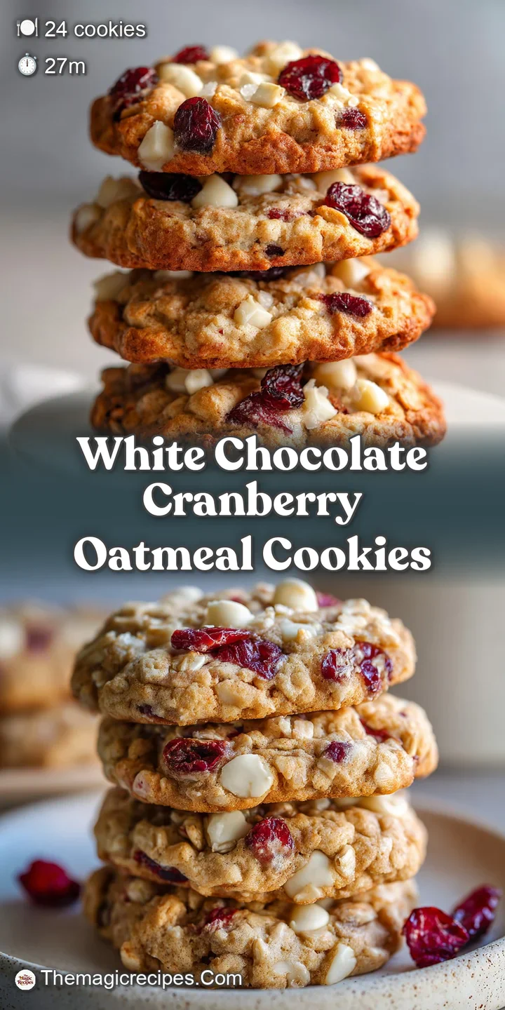 Close-up of a single oatmeal cookie revealing the soft interior, melted white chocolate, and juicy burst of red from the c...