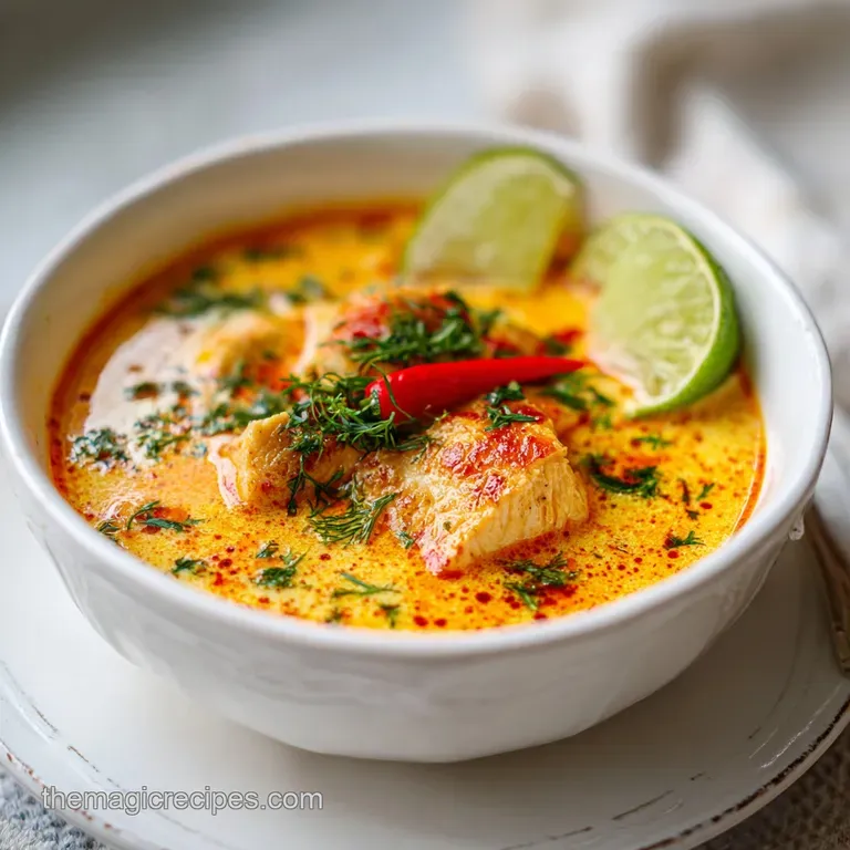 Creamy, golden soup in a shallow bowl. Chicken pieces & colorful peppers peek through, garnished with vibrant green herbs.