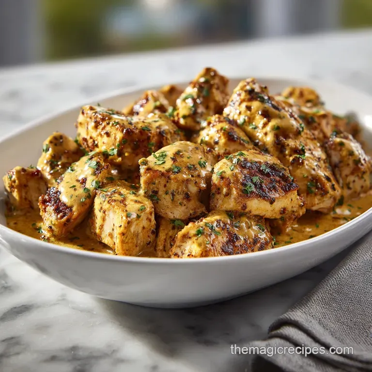 Plated ranch chicken with creamy sauce drizzled over. Garnished with fresh herbs, a vibrant and appetizing individual port...