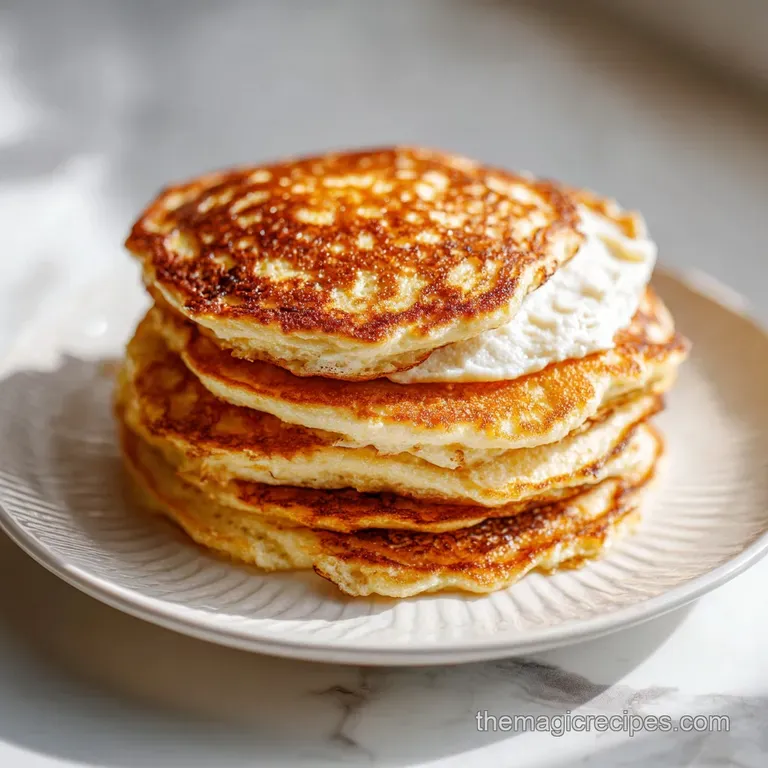 A neat stack of light brown keto pancakes, adorned with fresh berries and a dusting of powdered sugar
