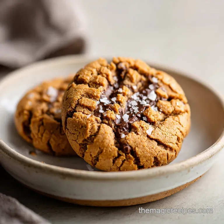 Warm, soft peanut butter cookies artfully arranged on a rustic wooden board with sprinkled sea salt.