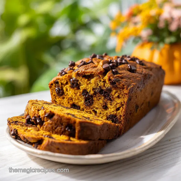 A rustic slice of pumpkin bread topped with a dusting of powdered sugar and a few dark chocolate chips.