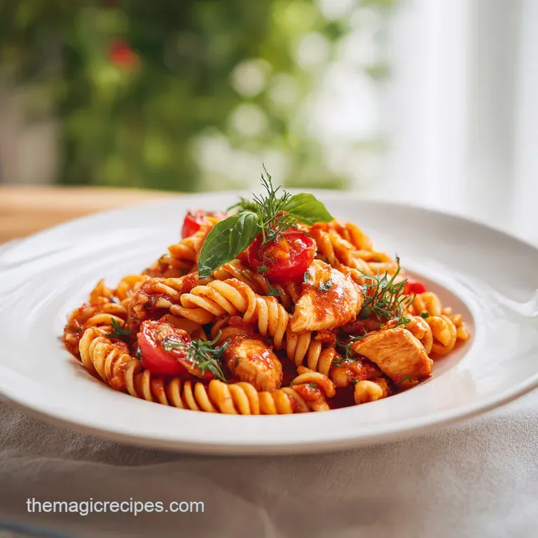 A generous serving of chicken and pasta elegantly arranged in a shallow bowl, garnished with fresh parsley.