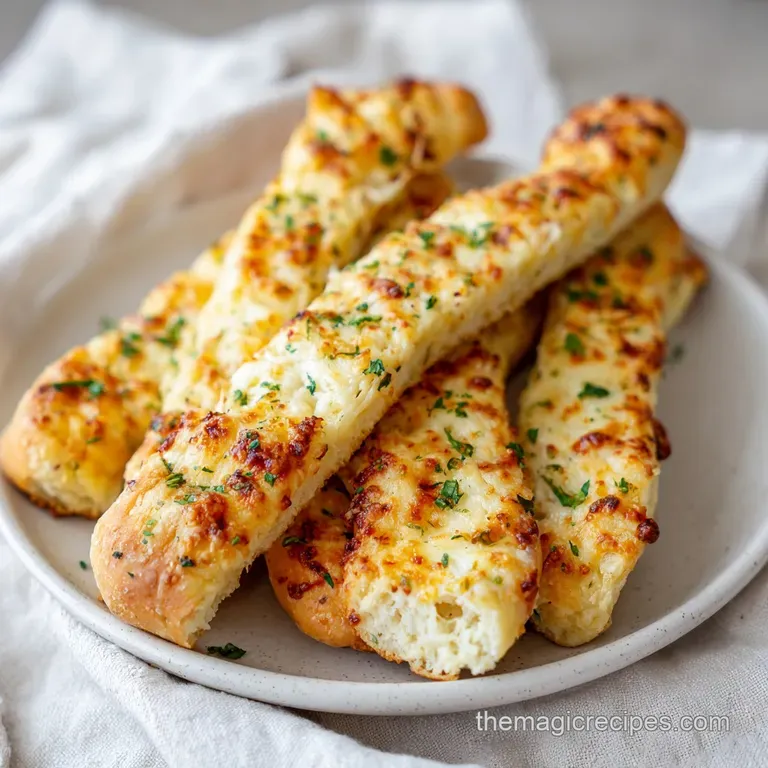 Three golden-brown garlic breadsticks, glistening with melted cheese, artfully stacked on a white plate with herbs.